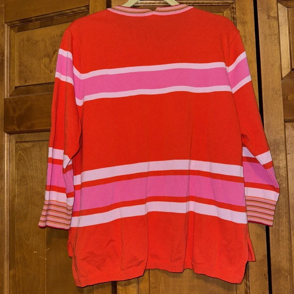 Cabi 6168 Womens Cadet Pullover Sweater Sz L Pink Orange Stripe Cotton Preppy - Picture 3 of 6